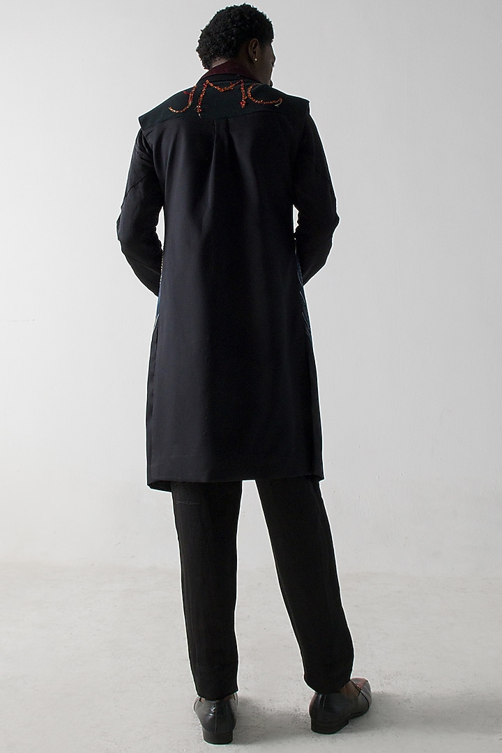 Black Modal Rayon Hand Embroidered Overcoat Set by Jatin Malik at Pernia's Pop Up Shop