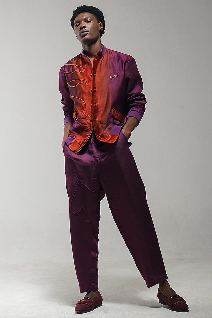 Orange & Purple Ombre Dyed Linen Bomber Jacket With Scarf  by Jatin Malik