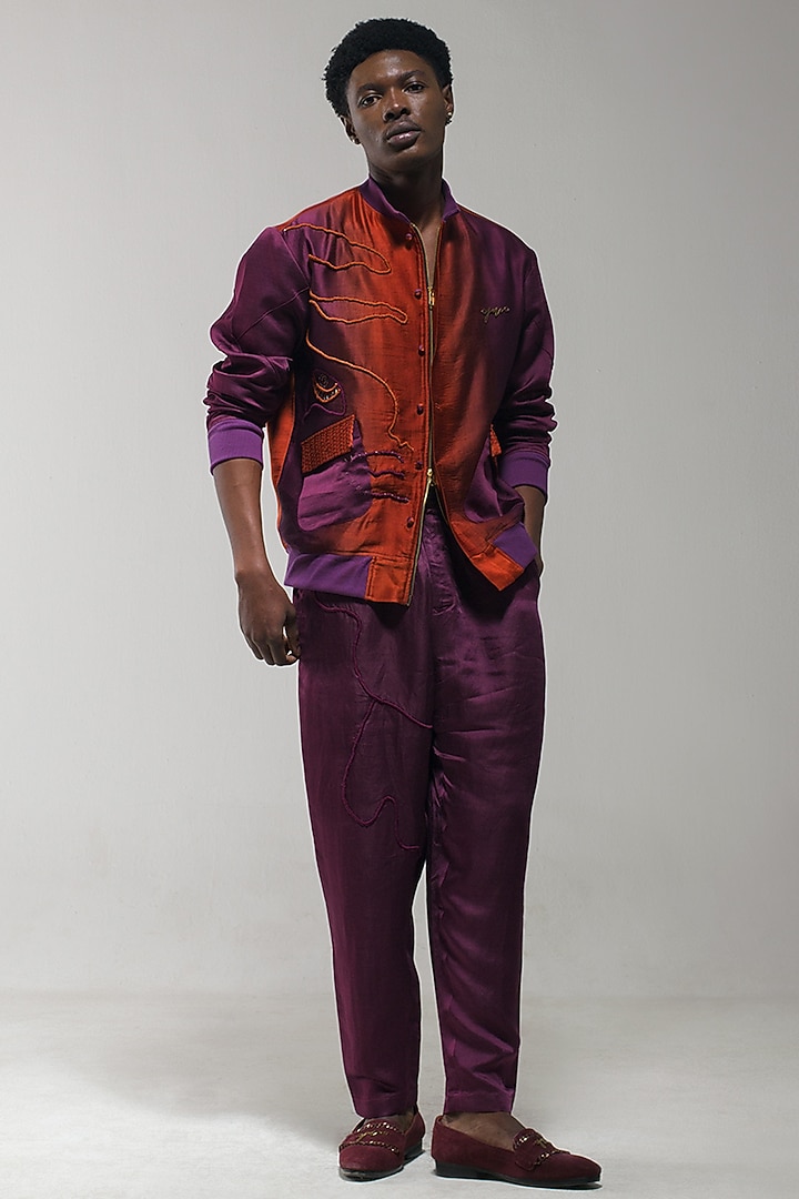 Orange & Purple Ombre Dyed Linen Bomber Jacket by Jatin Malik at Pernia's Pop Up Shop