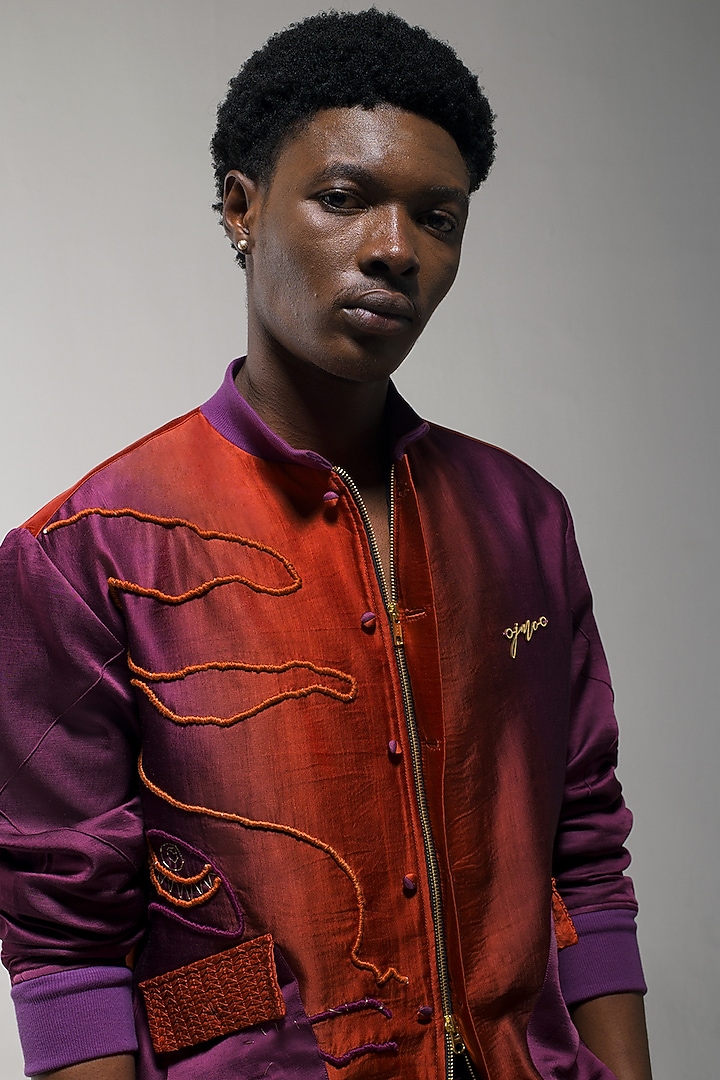 Orange & Purple Ombre Dyed Linen Bomber Jacket by Jatin Malik at Pernia's Pop Up Shop