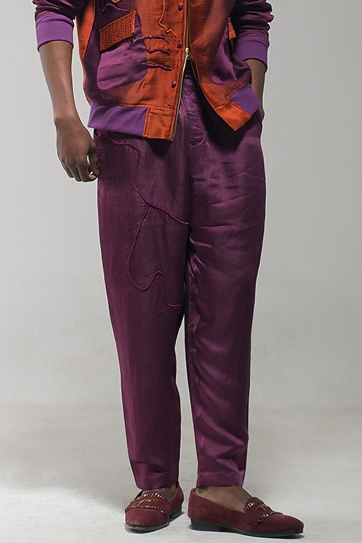 Purple Linen Silk Embroidered Trousers by Jatin Malik at Pernia's Pop Up Shop