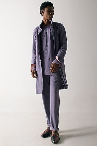 English Purple Banana Crepe Overcoat Set by Jatin Malik