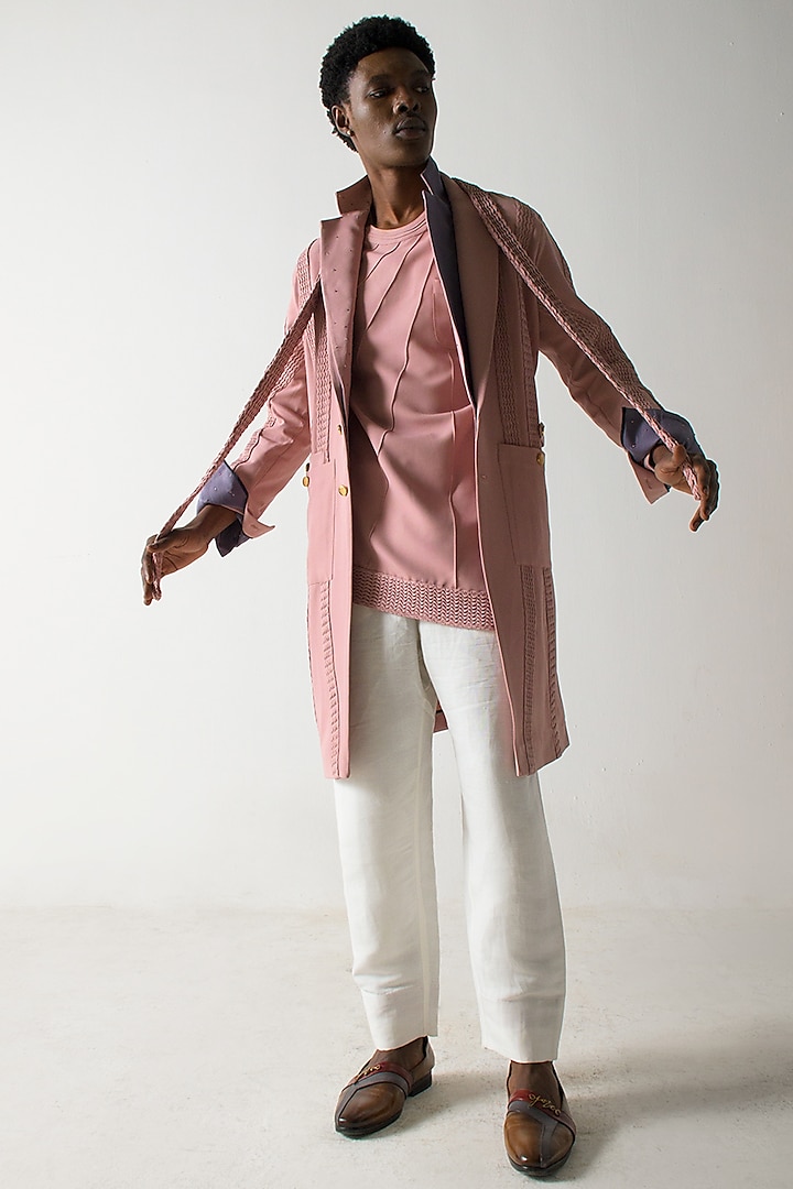 Blush Pink Banana Crepe Overcoat With Belt by Jatin Malik