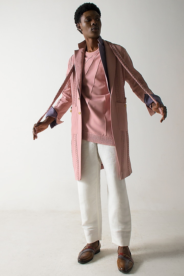 Blush Pink Banana Crepe Overcoat Set by Jatin Malik