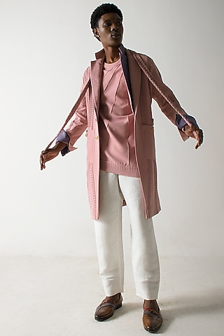 Blush Pink Banana Crepe Overcoat Set by Jatin Malik