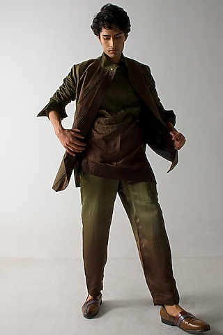 Brown & Olive Green Linen Silk Embroidered Shacket by Jatin Malik