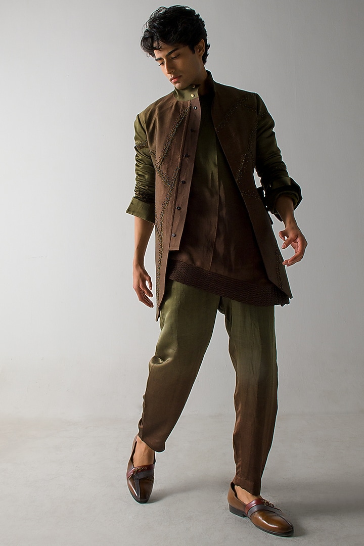 Brown & Olive Green Linen Silk Embroidered Shacket by Jatin Malik at Pernia's Pop Up Shop