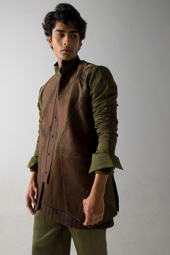 Brown & Olive Green Linen Silk Embroidered Shacket by Jatin Malik at Pernia's Pop Up Shop