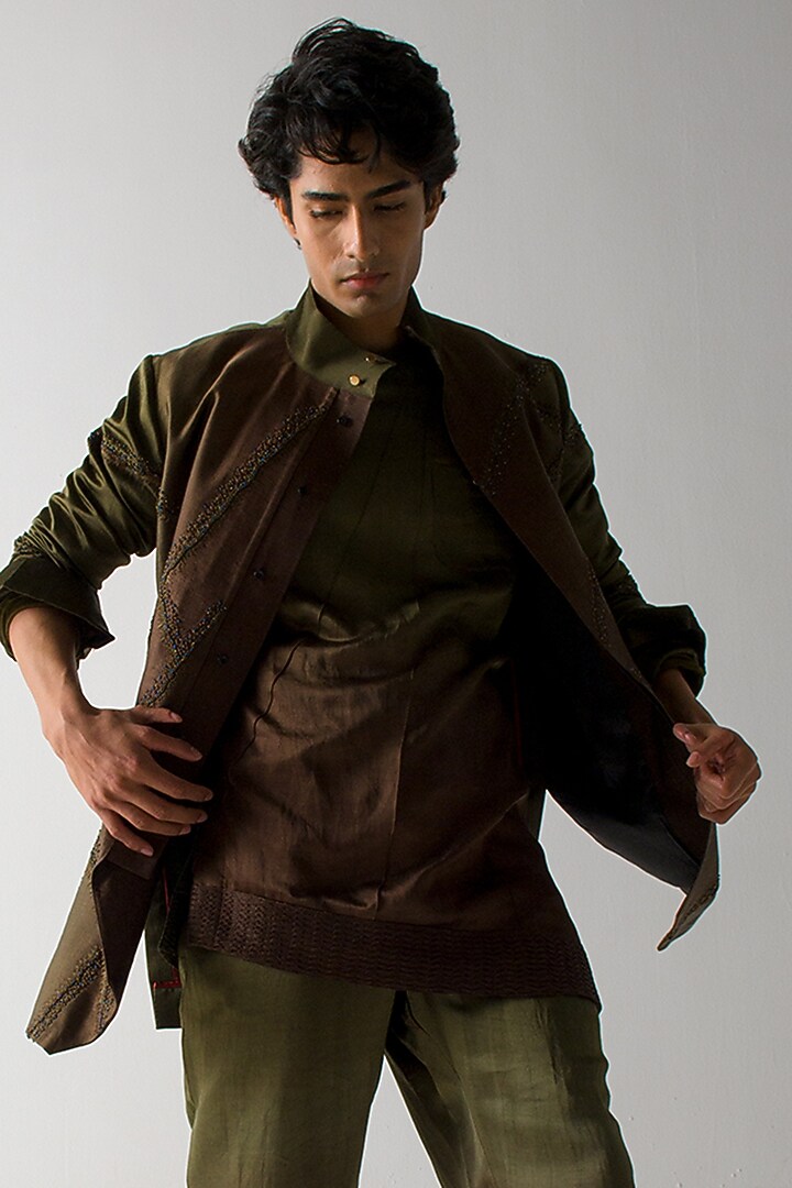 Brown & Olive Green Linen Silk Ombre Kurta by Jatin Malik at Pernia's Pop Up Shop