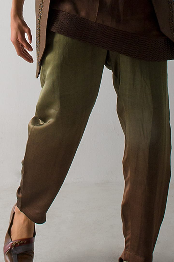 Brown & Olive Green Ombre Linen Silk Trousers by Jatin Malik at Pernia's Pop Up Shop
