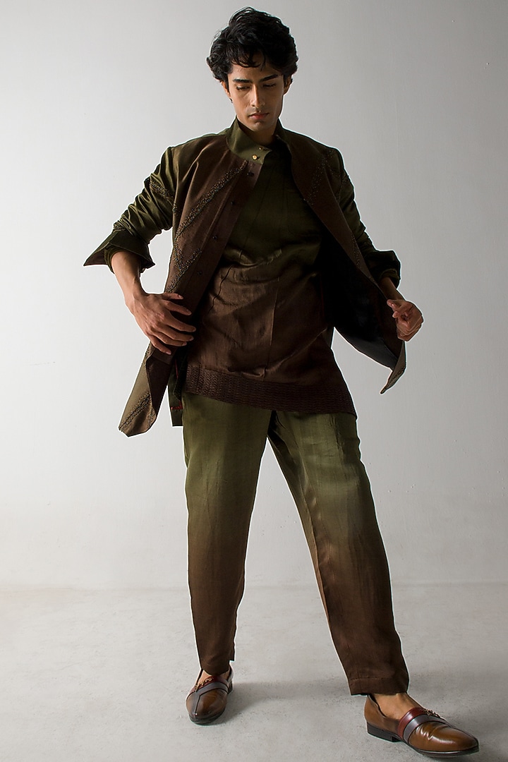 Brown & Olive Green Linen Silk Embroidered Shacket Set by Jatin Malik at Pernia's Pop Up Shop