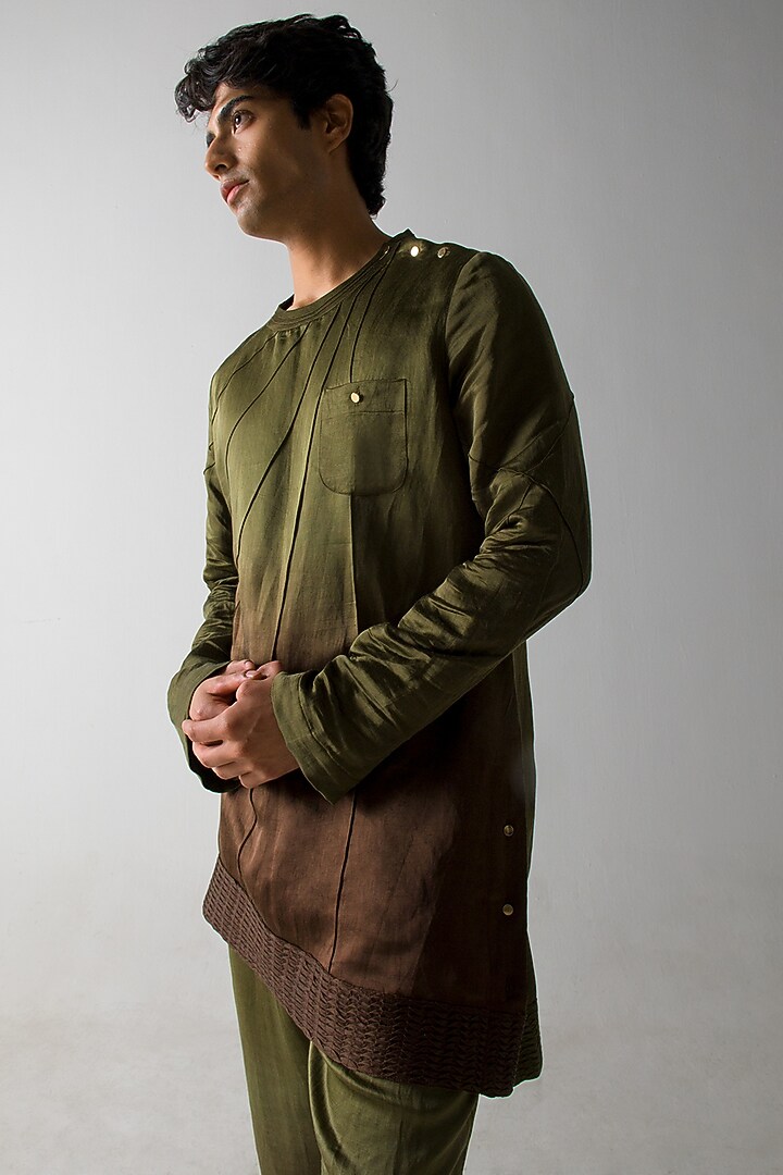 Brown & Olive Green Linen Silk Embroidered Shacket Set by Jatin Malik at Pernia's Pop Up Shop