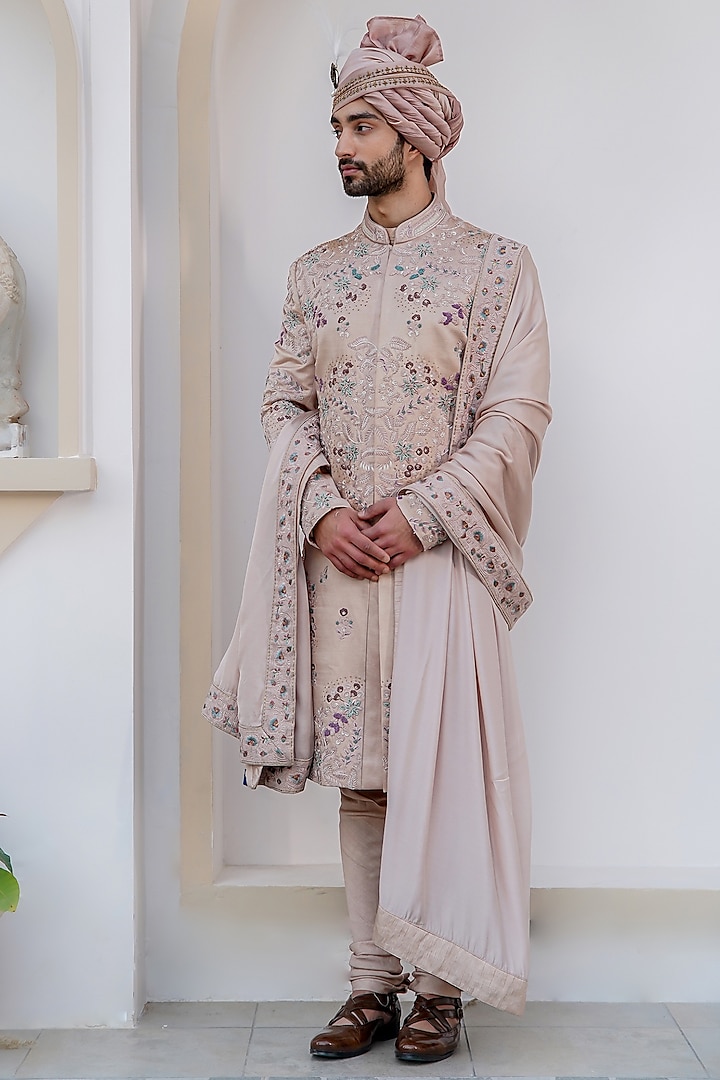 Blush Pink Linen Silk Hand Embroidered Sherwani Set by Jatin Malik