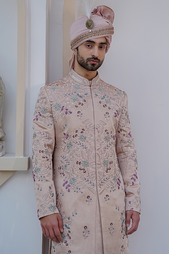 Blush Pink Linen Silk Hand Embroidered Groom Sherwani Set by Jatin Malik at Pernia's Pop Up Shop