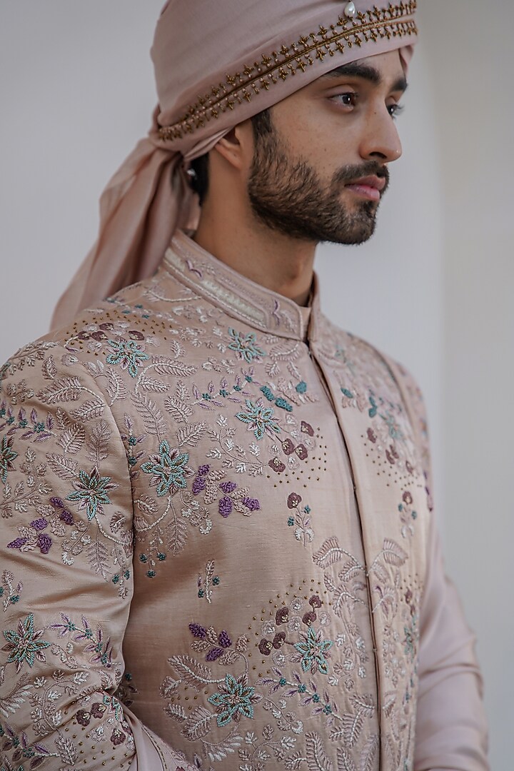 Blush Pink Linen Silk Hand Embroidered Groom Sherwani Set by Jatin Malik at Pernia's Pop Up Shop