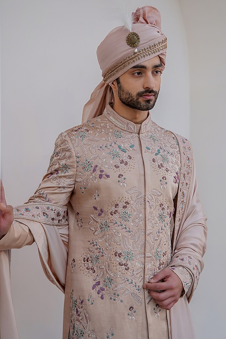 Blush Pink Linen Silk Hand Embroidered Groom Sherwani Set by Jatin Malik at Pernia's Pop Up Shop