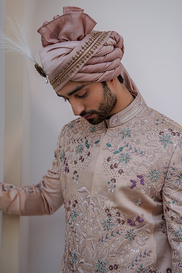 Blush Pink Linen Silk Hand Embroidered Groom Sherwani Set by Jatin Malik at Pernia's Pop Up Shop