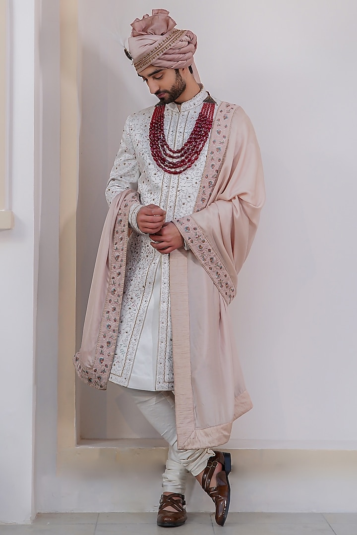 Ivory Linen Silk Embroidered Sherwani Set by Jatin Malik