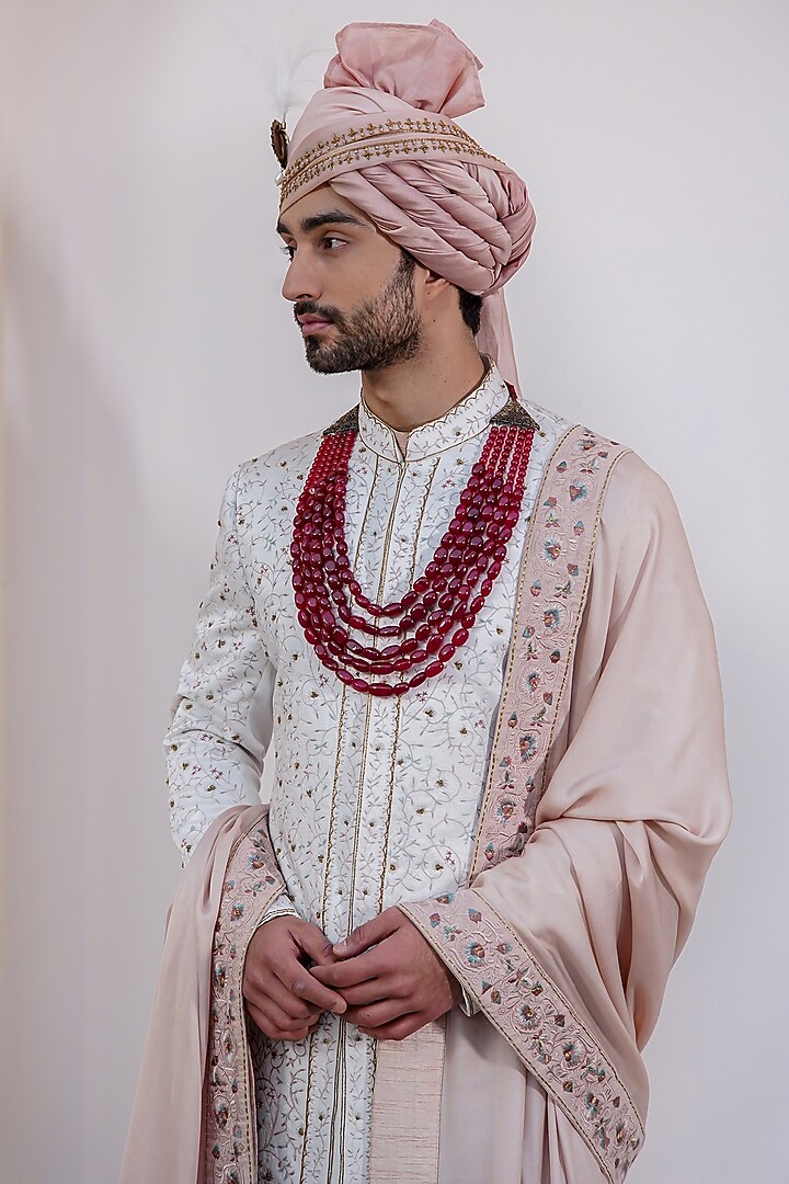 Ivory Linen Silk Kashmiri Jamawar Embroidered Groom Sherwani Set by Jatin Malik at Pernia's Pop Up Shop