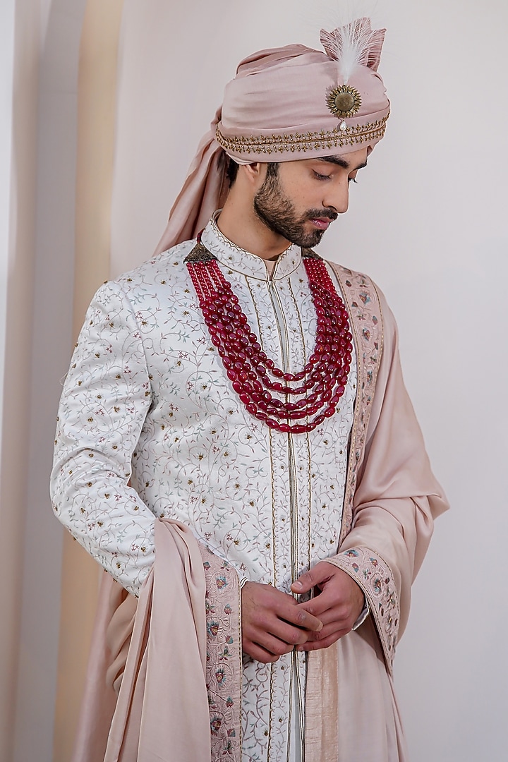 Ivory Linen Silk Kashmiri Jamawar Embroidered Groom Sherwani Set by Jatin Malik at Pernia's Pop Up Shop