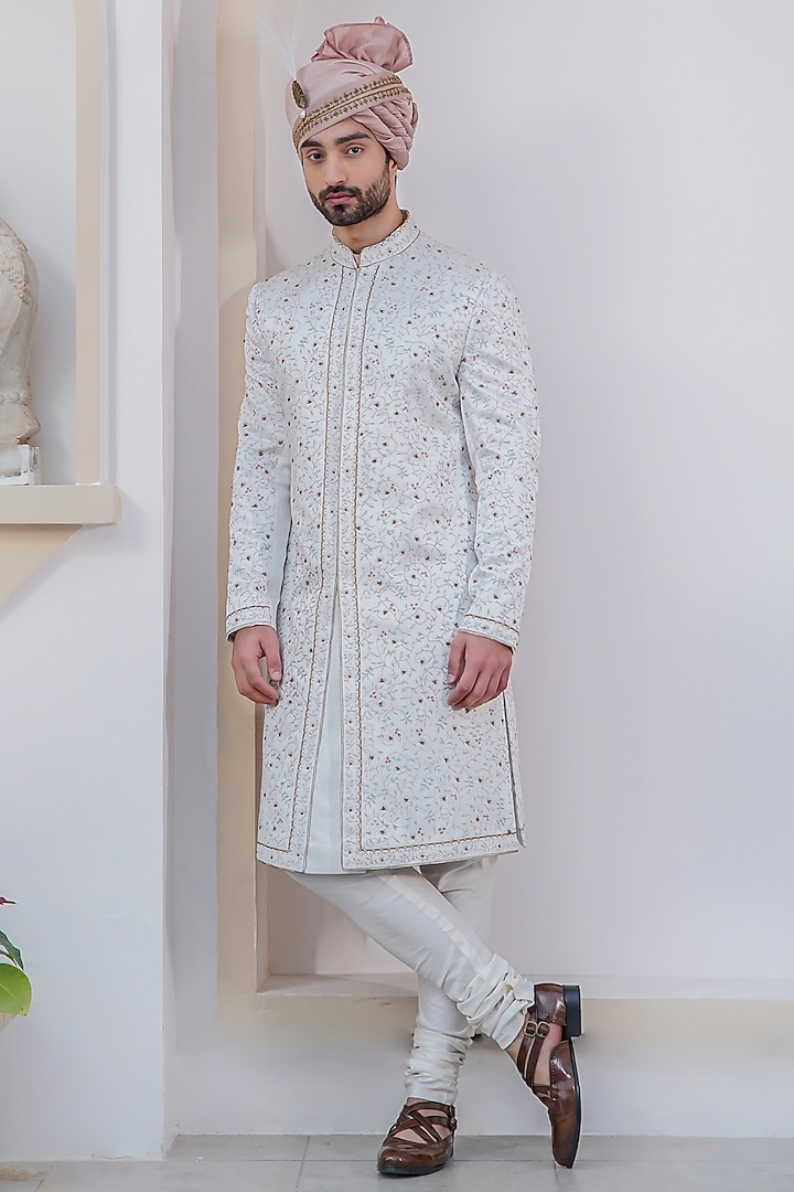Ivory Linen Silk Kashmiri Jamawar Embroidered Groom Sherwani Set by Jatin Malik at Pernia's Pop Up Shop