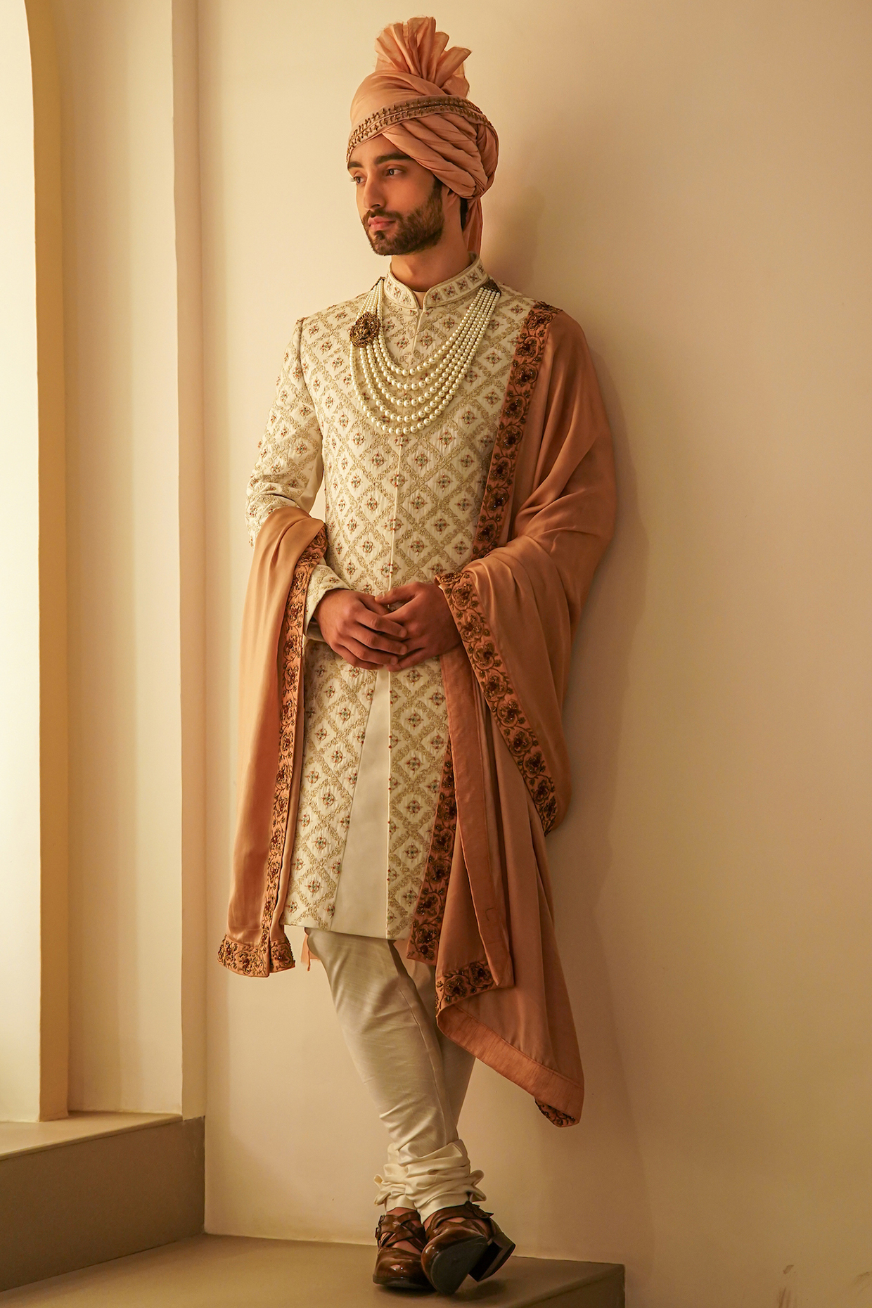 Ivory Linen Silk Embroidered Sherwani Set by Jatin Malik