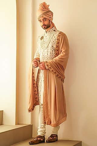 Off-White Linen Silk Kashmiri Jamawar Embroidered Sherwani Set by Jatin Malik