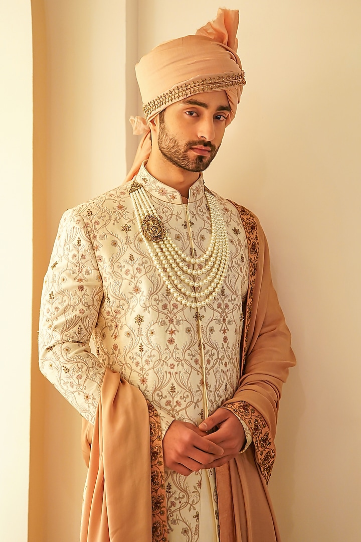 Off-White Linen Silk Kashmiri Jamawar Embroidered Groom Sherwani Set by Jatin Malik at Pernia's Pop Up Shop