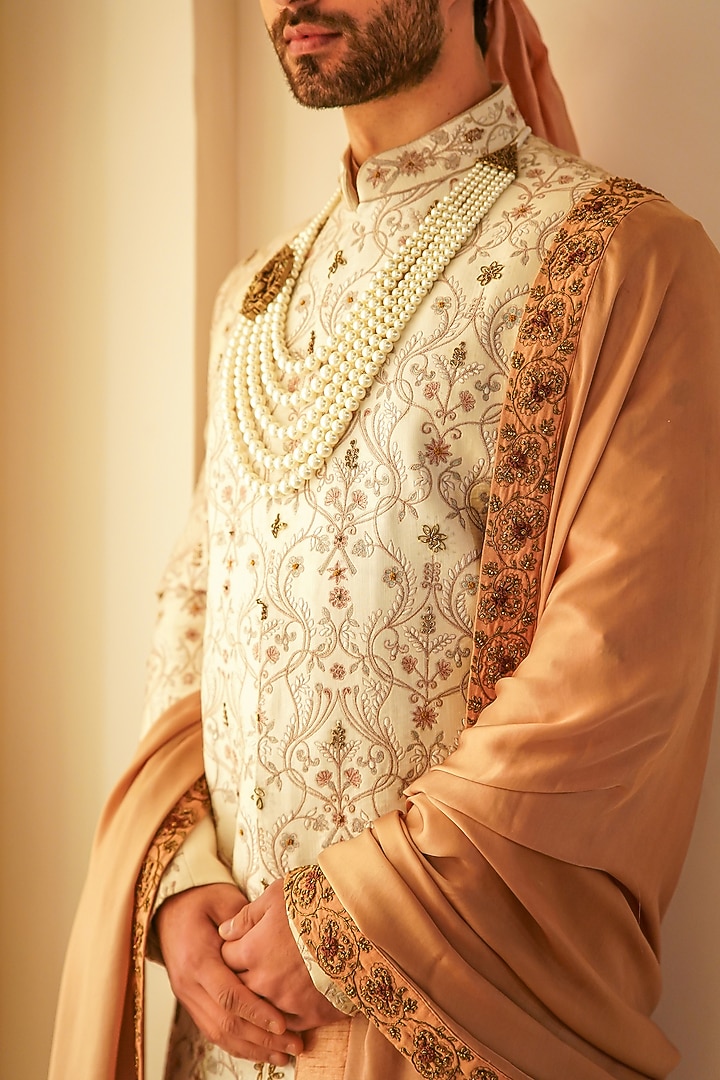 Off-White Linen Silk Kashmiri Jamawar Embroidered Groom Sherwani Set by Jatin Malik at Pernia's Pop Up Shop