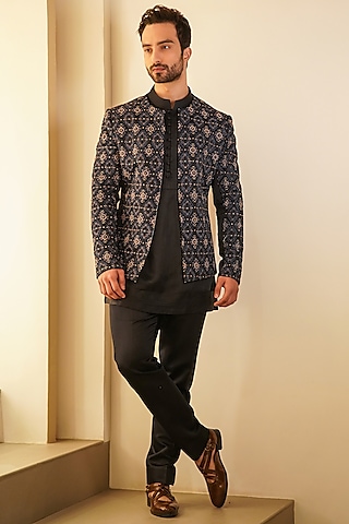 Midnight Blue Linen Silk Embroidered Indowestern Set by Jatin Malik