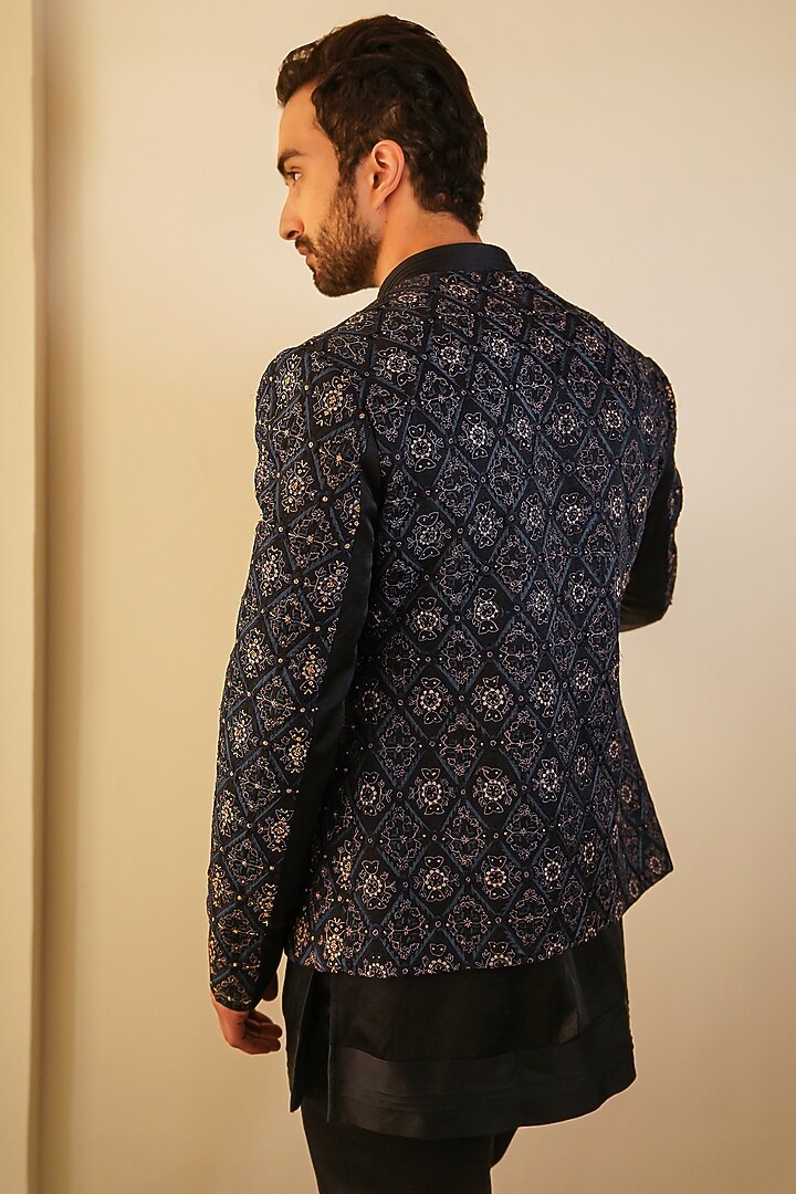 Midnight Blue Linen Silk Embroidered Groom Indowestern Set by Jatin Malik at Pernia's Pop Up Shop