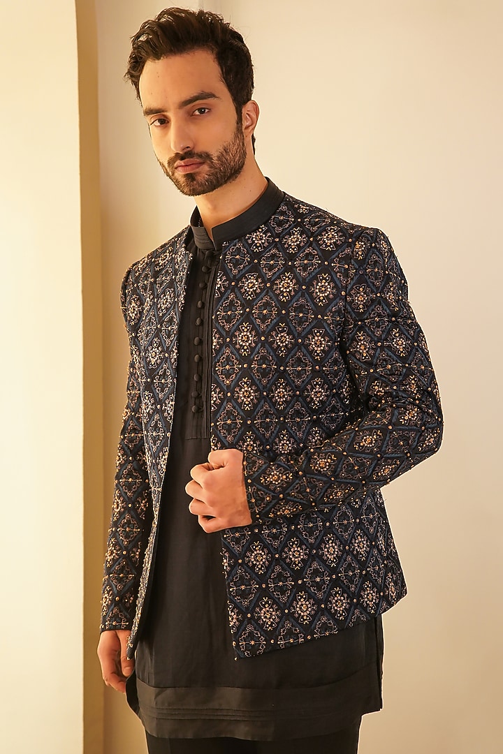 Midnight Blue Linen Silk Embroidered Groom Indowestern Set by Jatin Malik at Pernia's Pop Up Shop