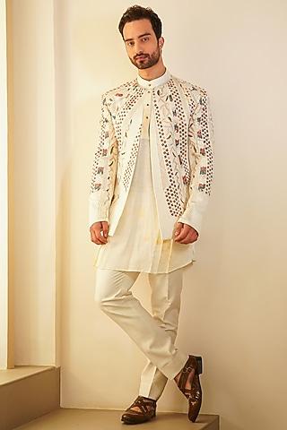 Dirty Ivory Linen Silk Hand Embroidered Indowestern Set by Jatin Malik