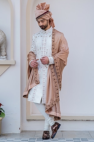 Ivory Linen Silk Floral Embroidered Sherwani Set by Jatin Malik