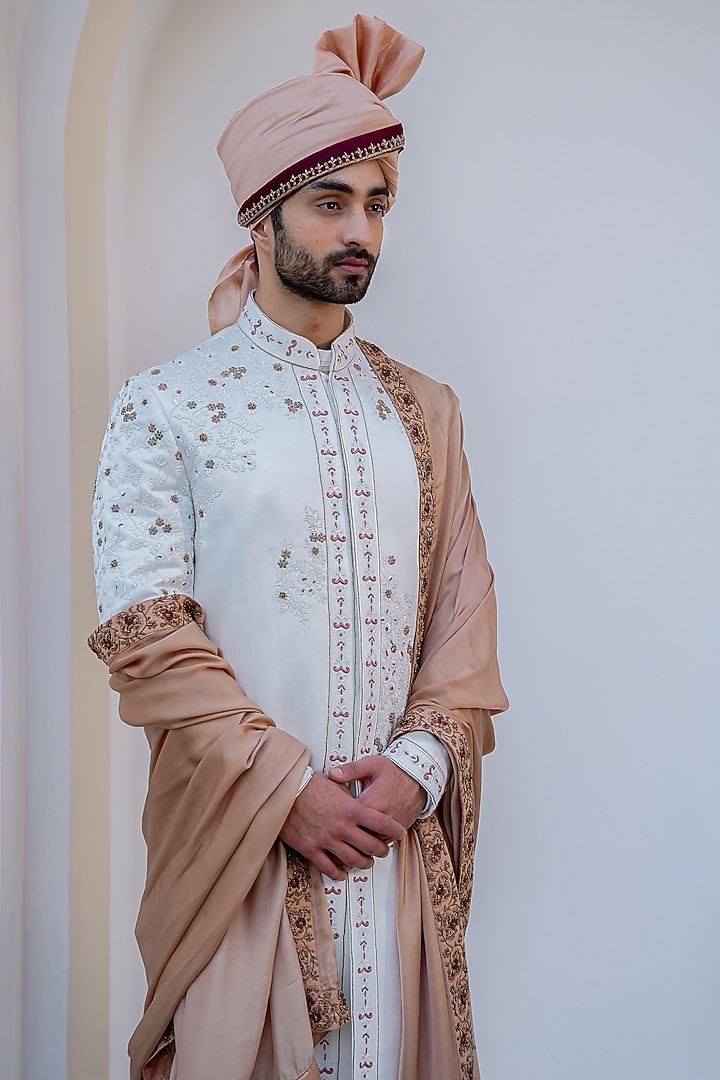 Ivory Linen Silk Floral Embroidered Groom Sherwani Set by Jatin Malik at Pernia's Pop Up Shop
