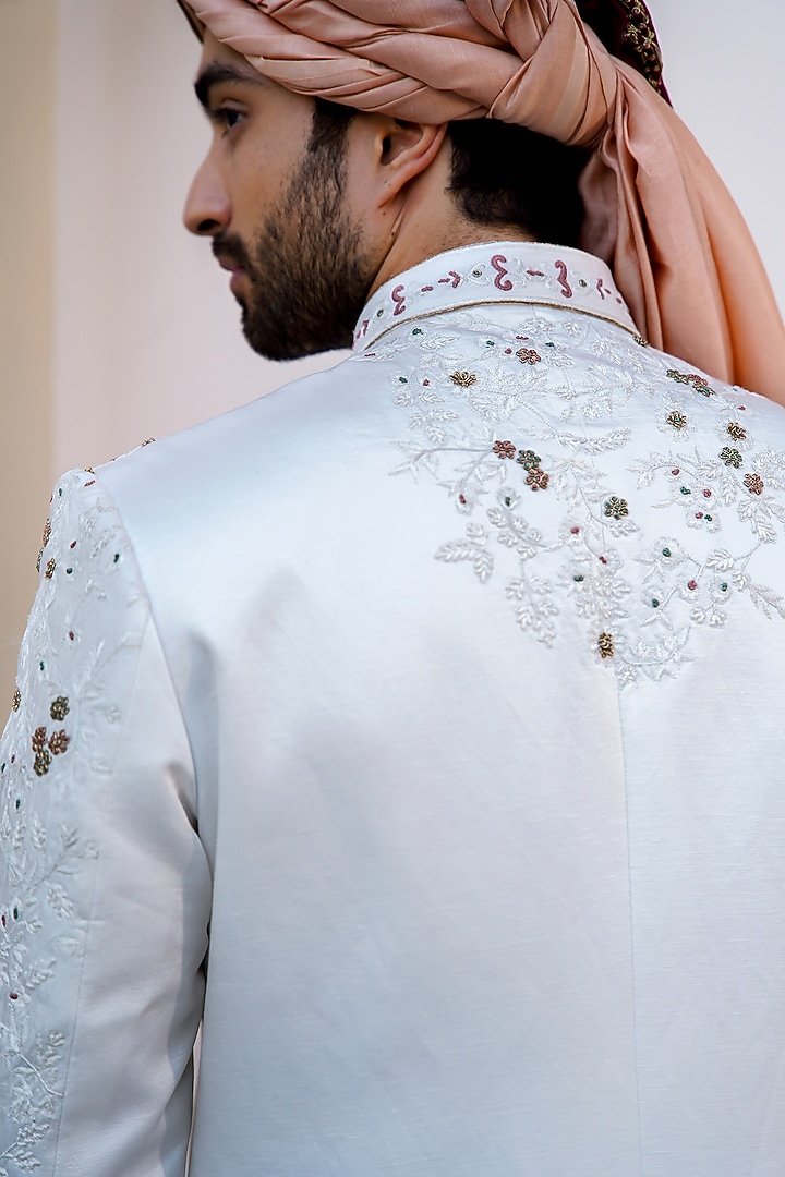 Ivory Linen Silk Floral Embroidered Groom Sherwani Set by Jatin Malik at Pernia's Pop Up Shop