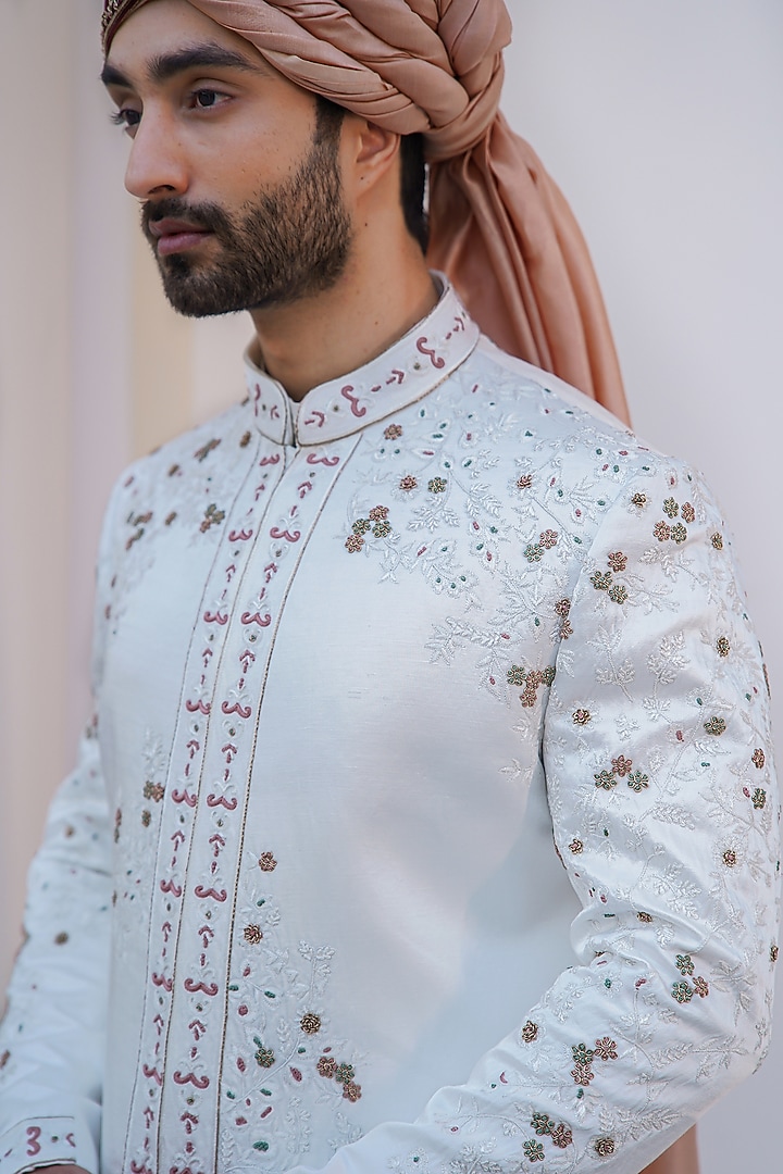 Ivory Linen Silk Floral Embroidered Groom Sherwani Set by Jatin Malik at Pernia's Pop Up Shop