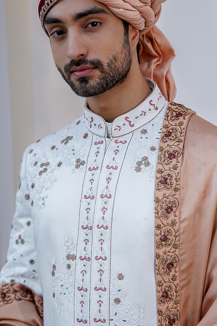 Ivory Linen Silk Floral Embroidered Groom Sherwani Set by Jatin Malik at Pernia's Pop Up Shop