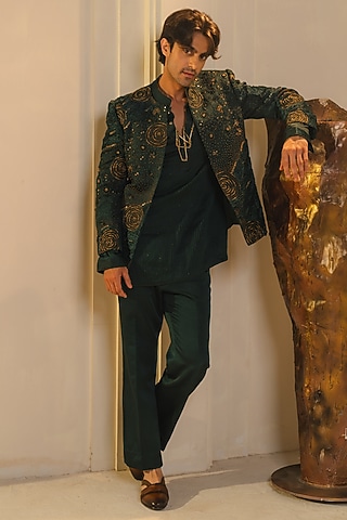Forest Green Linen Silk Hand Embroidered Short Jacket Set by Jatin Malik