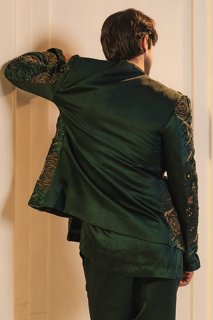 Forest Green Linen Silk Hand Embroidered Short Jacket Set by Jatin Malik at Pernia's Pop Up Shop