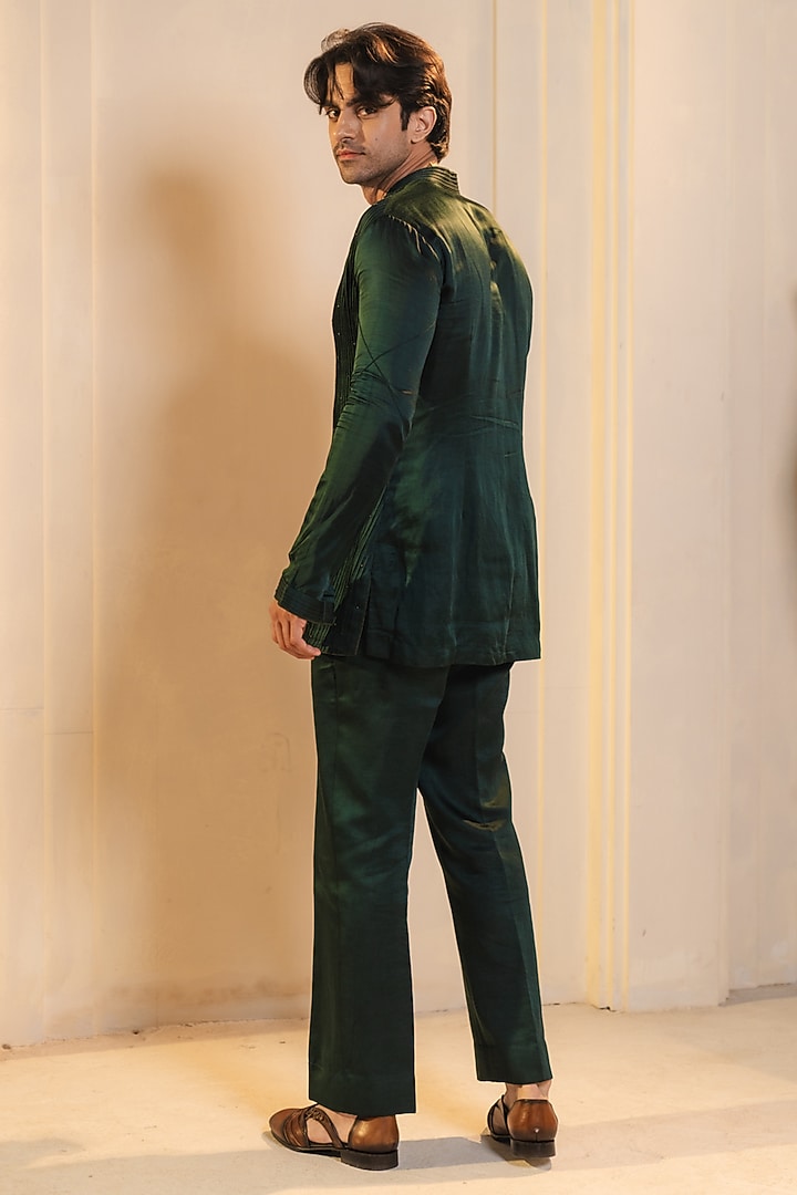 Forest Green Linen Silk Hand Embroidered Short Jacket Set by Jatin Malik at Pernia's Pop Up Shop