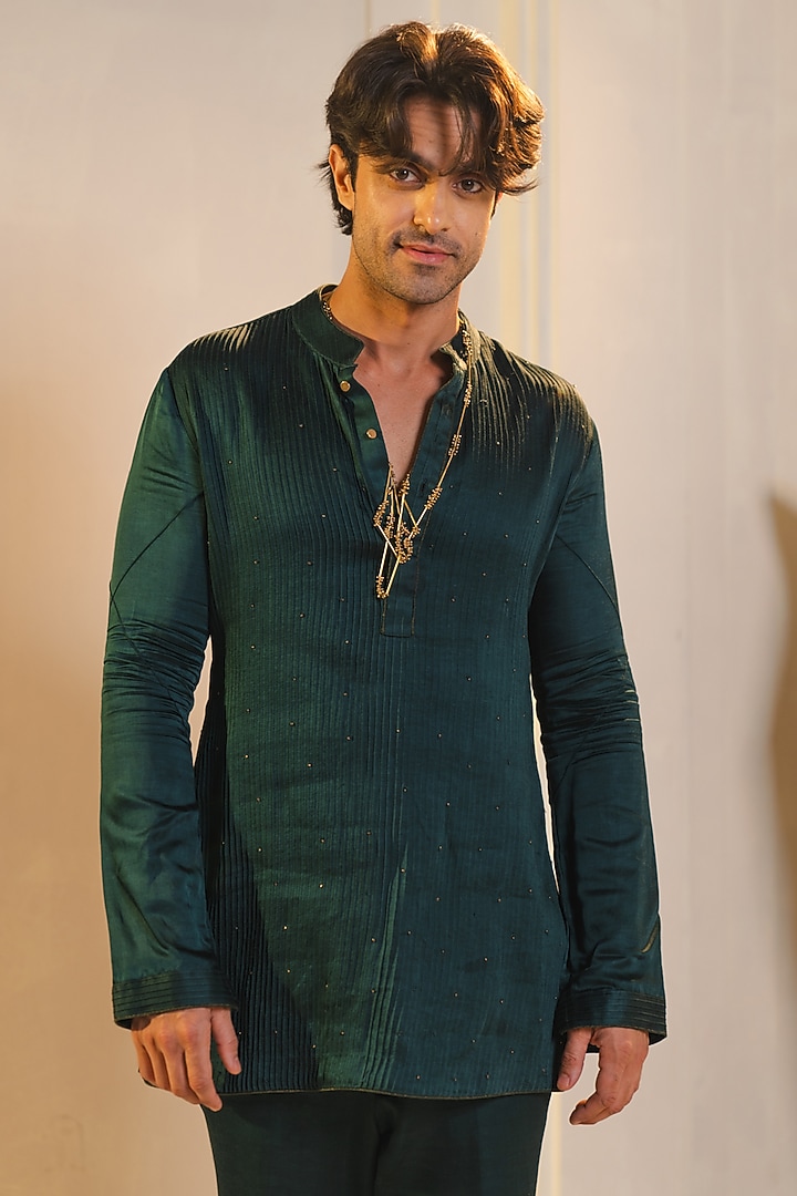 Forest Green Linen Silk Hand Embroidered Short Jacket Set by Jatin Malik at Pernia's Pop Up Shop
