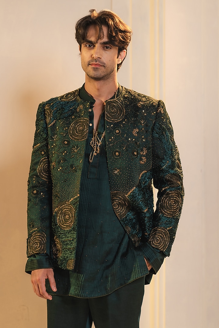 Forest Green Linen Silk Hand Embroidered Short Jacket Set by Jatin Malik at Pernia's Pop Up Shop