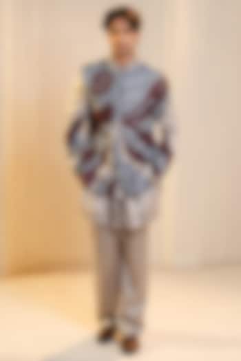 Silver Linen Silk Handpainted Groom Bandhgala Set by Jatin Malik at Pernia's Pop Up Shop