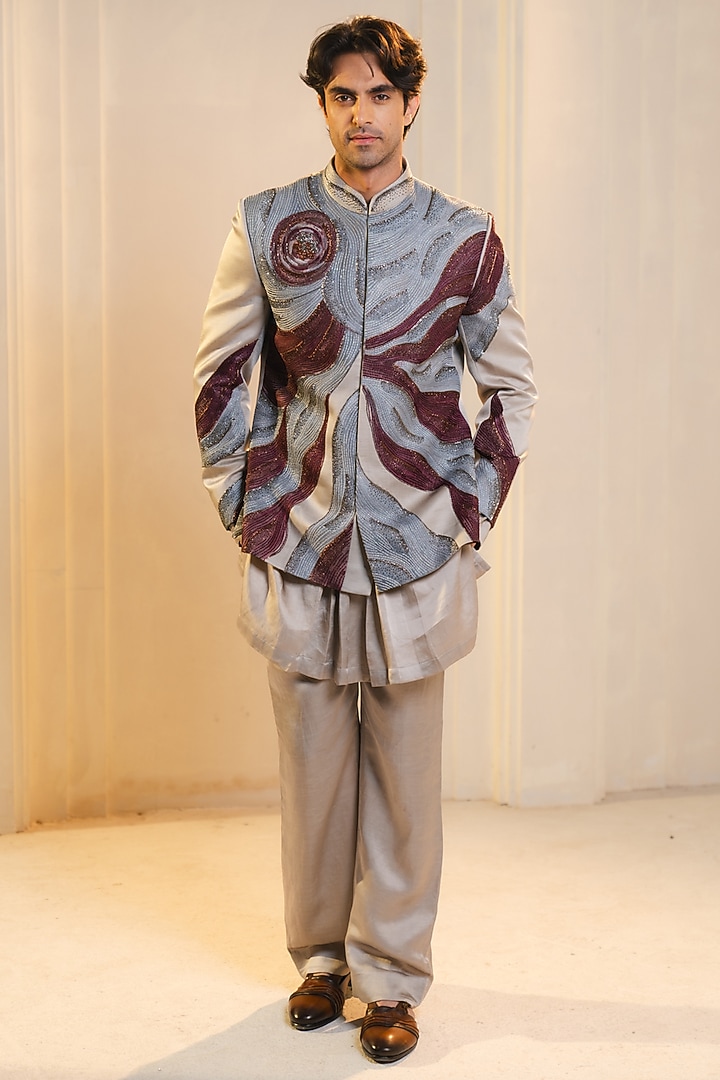 Silver Linen Silk Handpainted Groom Bandhgala Set by Jatin Malik at Pernia's Pop Up Shop