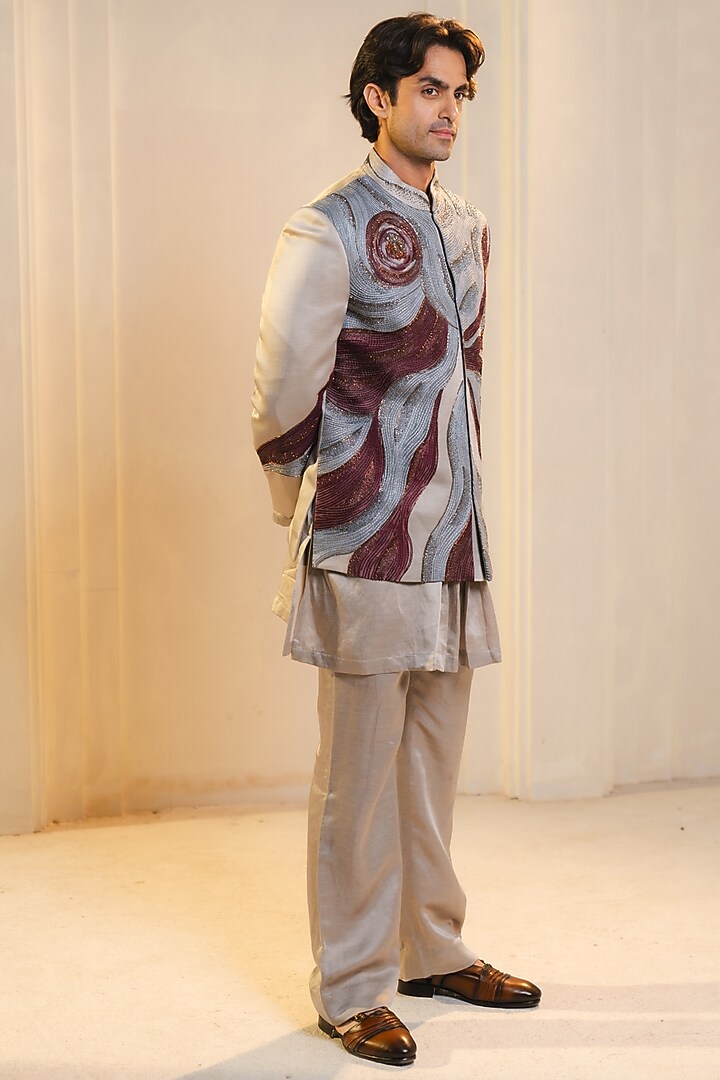 Silver Linen Silk Handpainted Groom Bandhgala Set by Jatin Malik at Pernia's Pop Up Shop