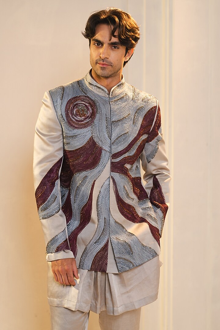 Silver Linen Silk Handpainted Groom Bandhgala Set by Jatin Malik at Pernia's Pop Up Shop