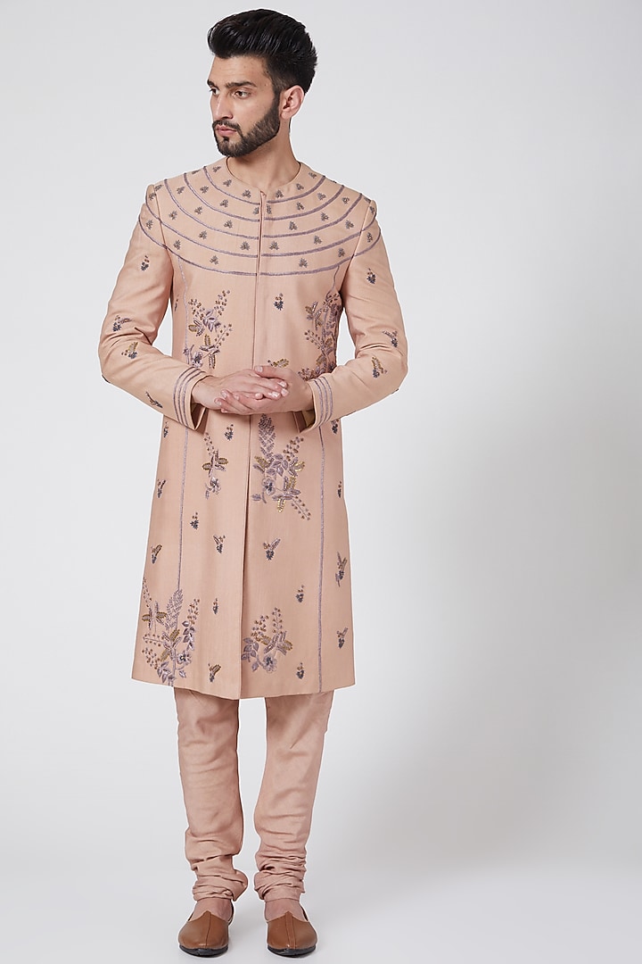 Champagne Floral Embroidered Groom Sherwani Set by Jatin Malik at Pernia's Pop Up Shop