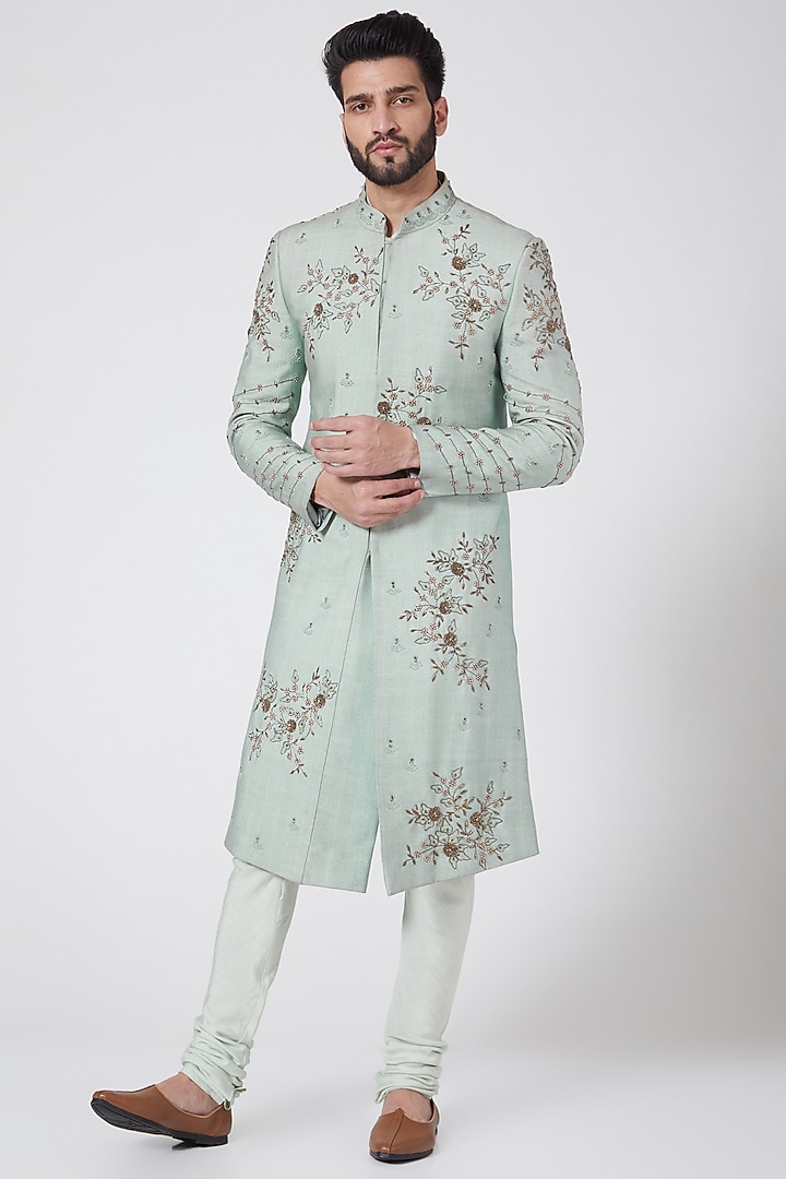 Duck Egg Blue Floral Embroidered Groom Sherwani Set by Jatin Malik at Pernia's Pop Up Shop