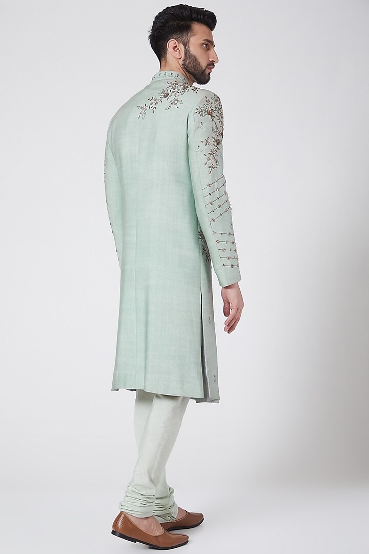 Duck Egg Blue Floral Embroidered Groom Sherwani Set by Jatin Malik at Pernia's Pop Up Shop